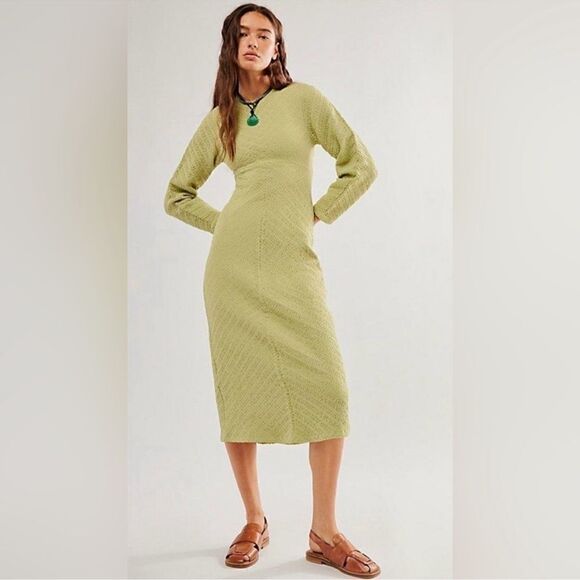 NWOT Free People Gabby Seamless MIDI Dress Green Long Sleeve Texture Open Back - Picture 3 of 11